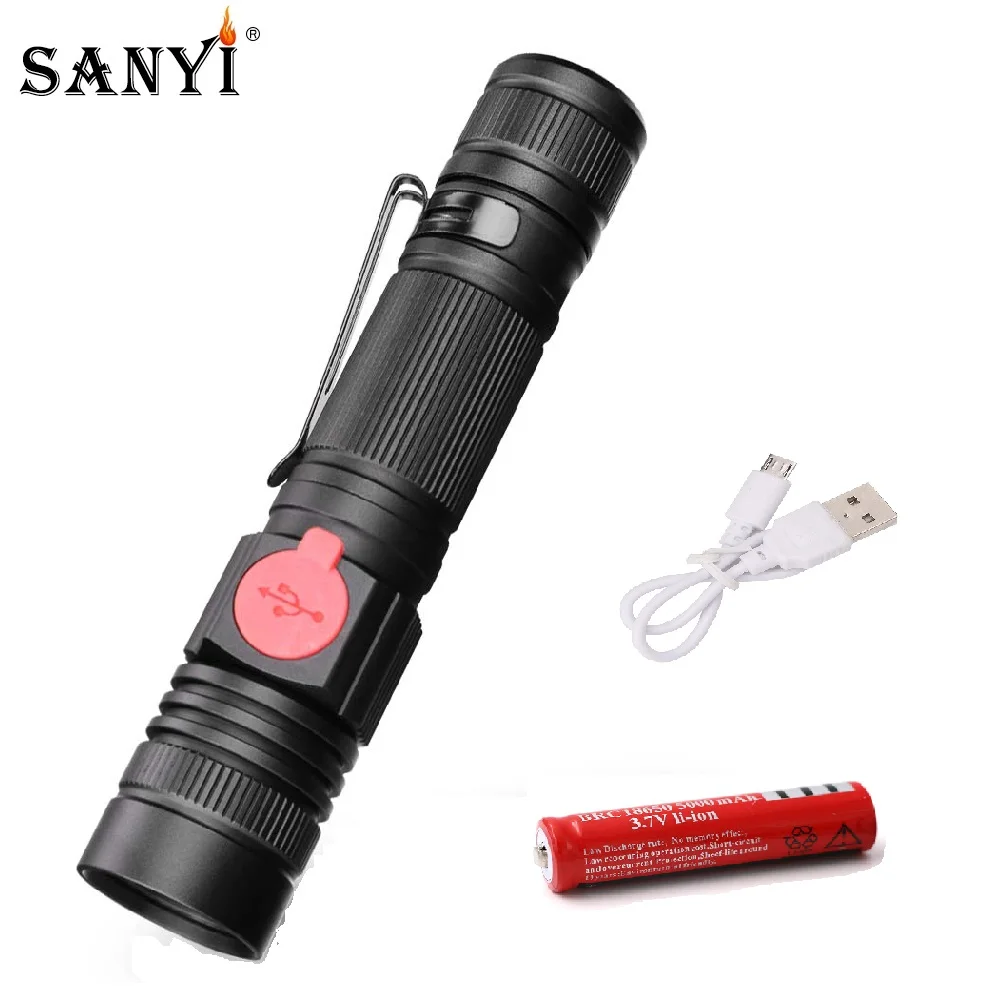 Sanyi зарядка через USB сплав фонарик мощный светодиодный мини с зумом