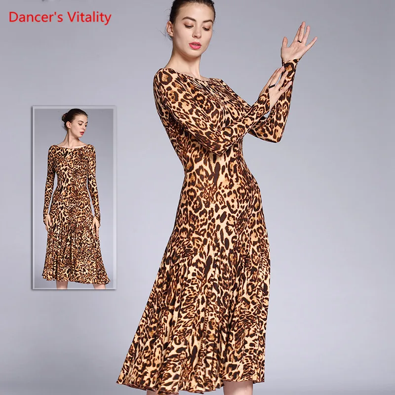 

Женское леопардовое платье для бальных танцев, привлекательное приталенное платье с длинным рукавом и широкой юбкой для латиноамерикански...