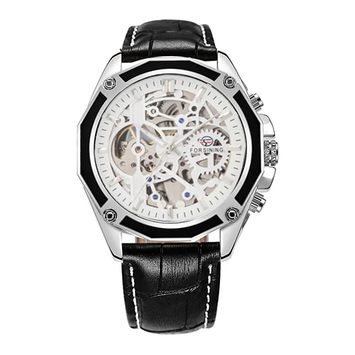 LEATHER SILVER WHITE FORSINING золотые Лидирующий бренд Роскошные Авто механические часы для мужчин Нержавеющая сталь ремешок Скелет циферблат мода Бизнес наручные часы - Цвет: LEATHER SILVER WHITE