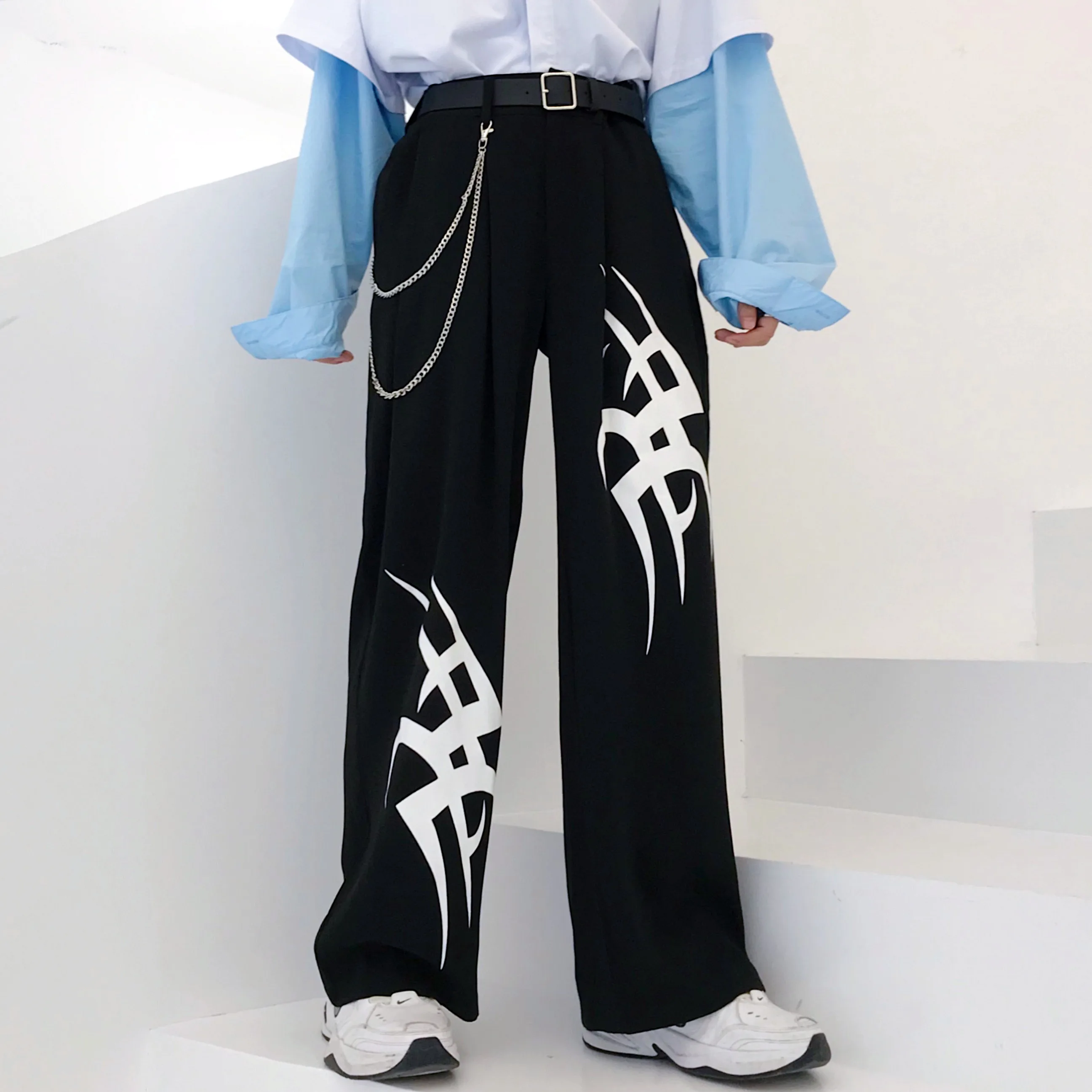 Black Pants Летние широкие брюки для женщин с модным принтом Harajuku брюки женские повседневные Высокая талия Карманы Уличная одежда свободные брюки без цепи - Цвет: Black Pants