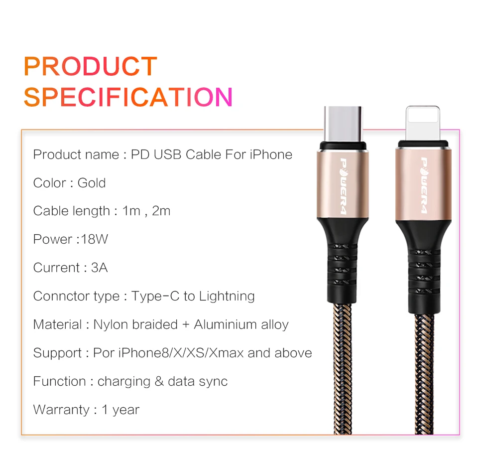 Power4 PD кабель для быстрой зарядки USB C для Lightning Apple Плетеный 18 Вт type-C USB кабель для iPhone 11 pro X XS Max 8 8plus