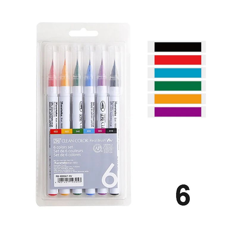 6 Colors Kuretake ZIG чистый цвет, настоящая кисть, водная Цветная кисть, ручки, мягкий наконечник, ручка для эскизов, набор для рисования водным цветом - Цвет: 6 Colors