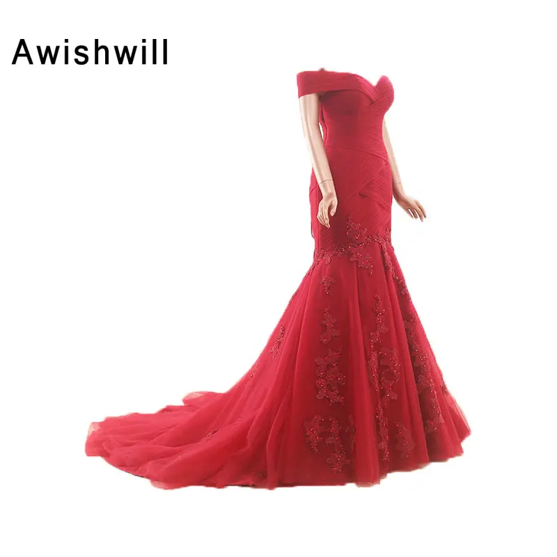 

Новое поступление, красное платье с открытыми плечами, элегантное вечернее платье-Русалка со шнуровкой на спине для женщин, официальное пла...