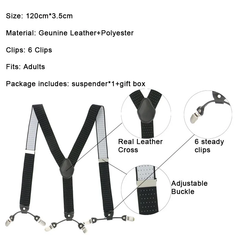 Real Leather Jacquard Dot Point Pattern Vintage 6 Clips 3.5cm Width Women Men Suspender Top Box Packing Casual Wear Wedding | Аксессуары