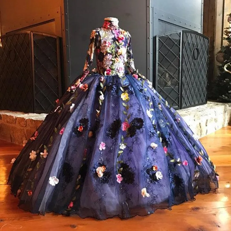 

Navy Blue Flower Girls Dresses For Weddings Full Sleeves robe fille Flowers Lace Tulle Girls Pageant Gowns 3D Floral Custom Made