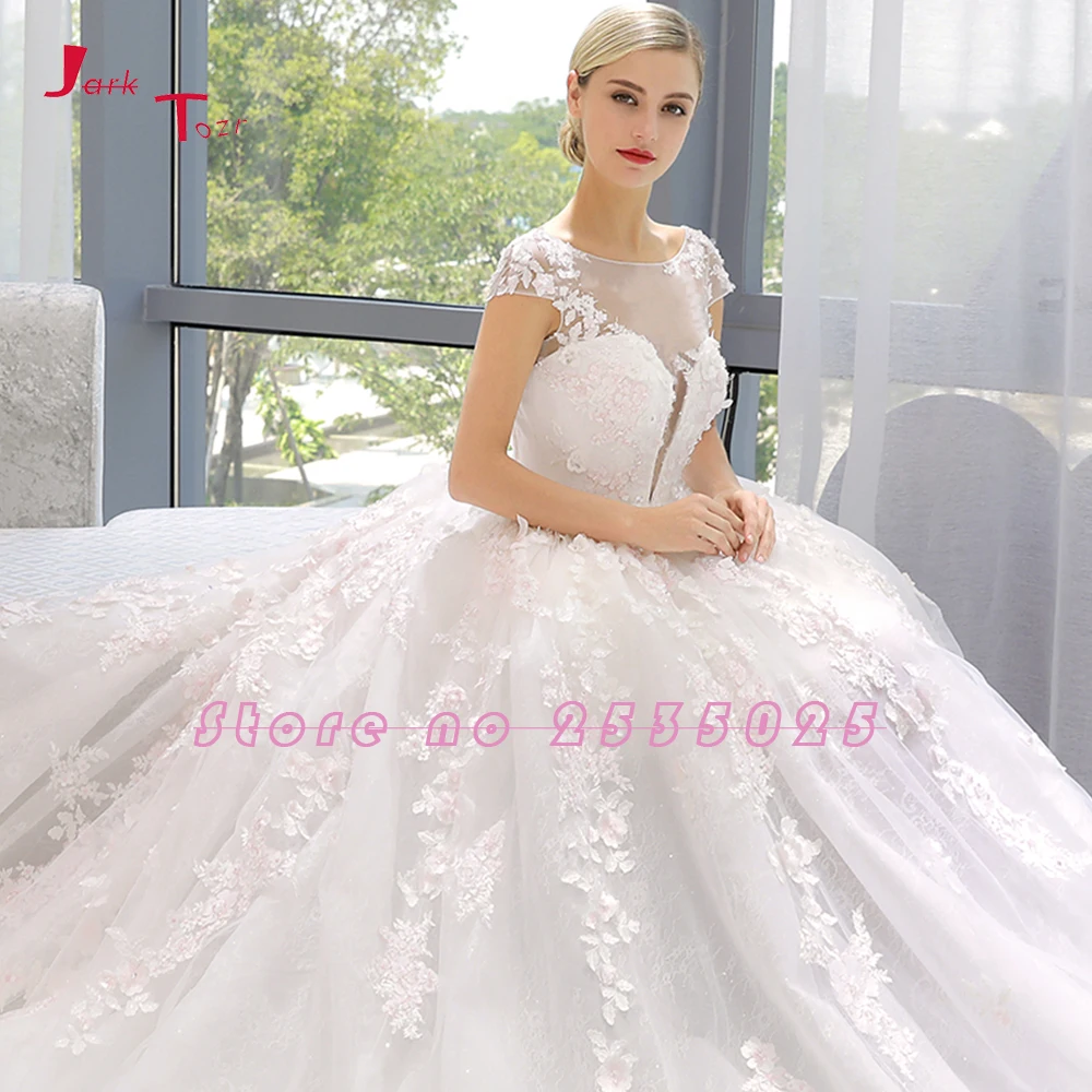 Jark Tozr Robe De Mariee Cap Sleeve Beading Sequins Appliques Lace Flowers Princess Ball Gown Wedding Dresses Plus Size Gelinlik | Свадьбы и