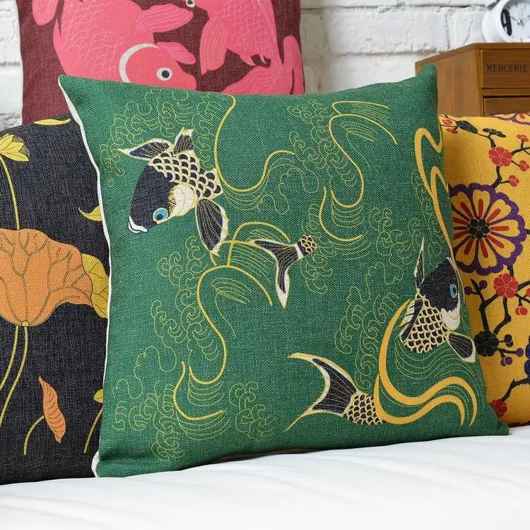 Современная китайская пасторальная льняная Подушка Good luck с изображением карпа