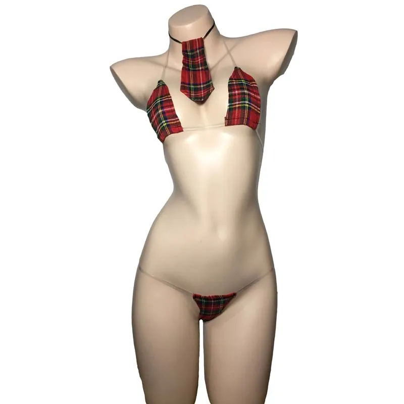 

Sexy School Girl Bikini Costume Lingerie Plaid Invisible Strap Bra Top G-String and Tie Set Role Play Hen Party Uniform