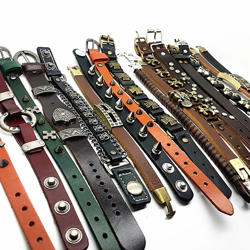 

Brand 20pcs/pack top men's Genuine Leather bracelets Black and brown punk rock style cuff jewelry fashion wide bangle wholesale