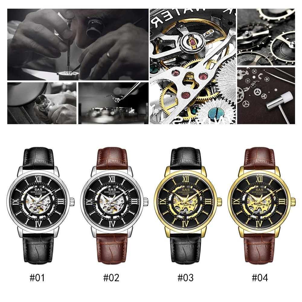 Мужские механические часы SAS Водонепроницаемые кожаные скелетоны деловые