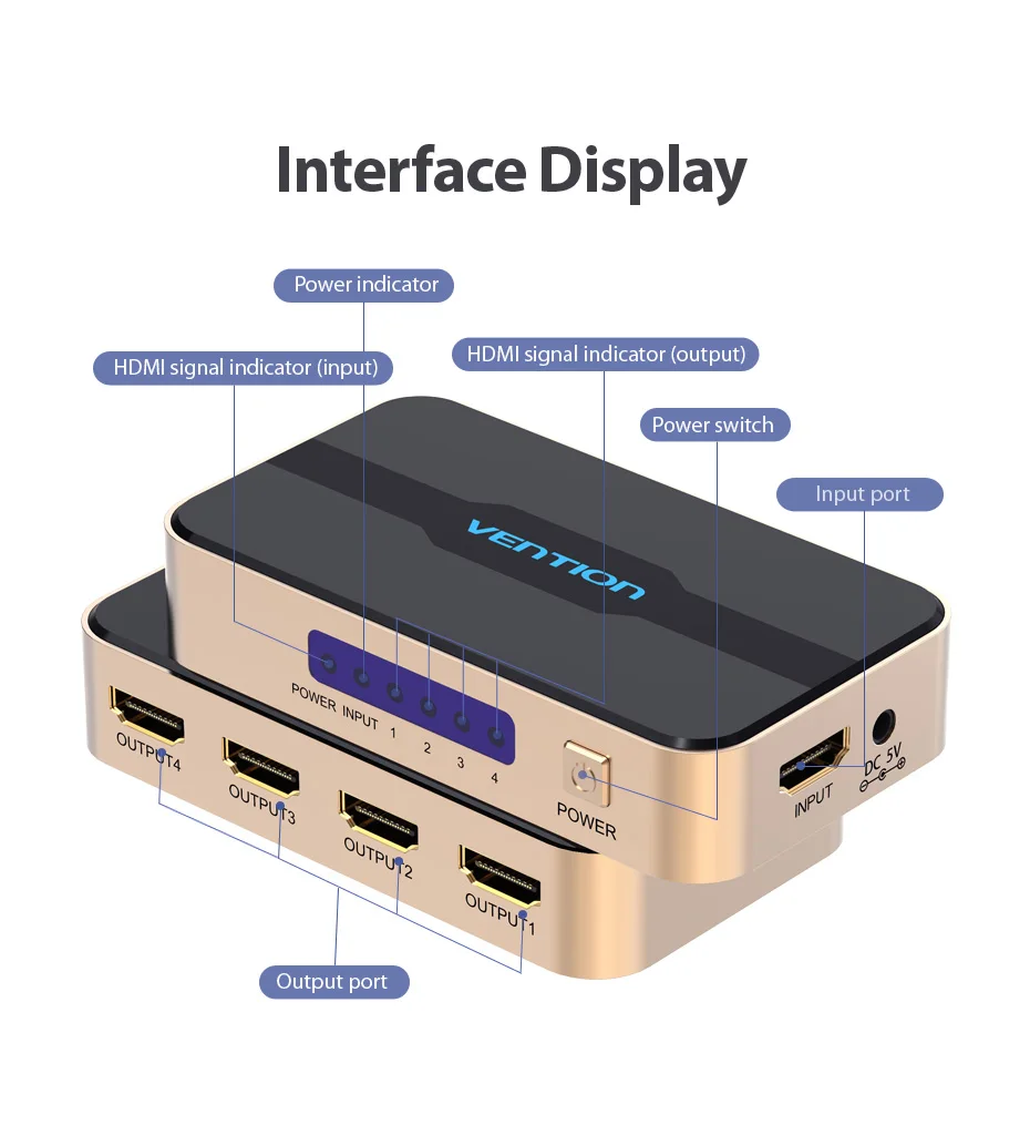 Vention HDMI 1x4 сплиттер 1 в 4 выход для TVbox PS3/4 ноутбука HDMI коммутатор адаптер с блоком питания HD коммутатор 4k X 2k 3D сплиттер