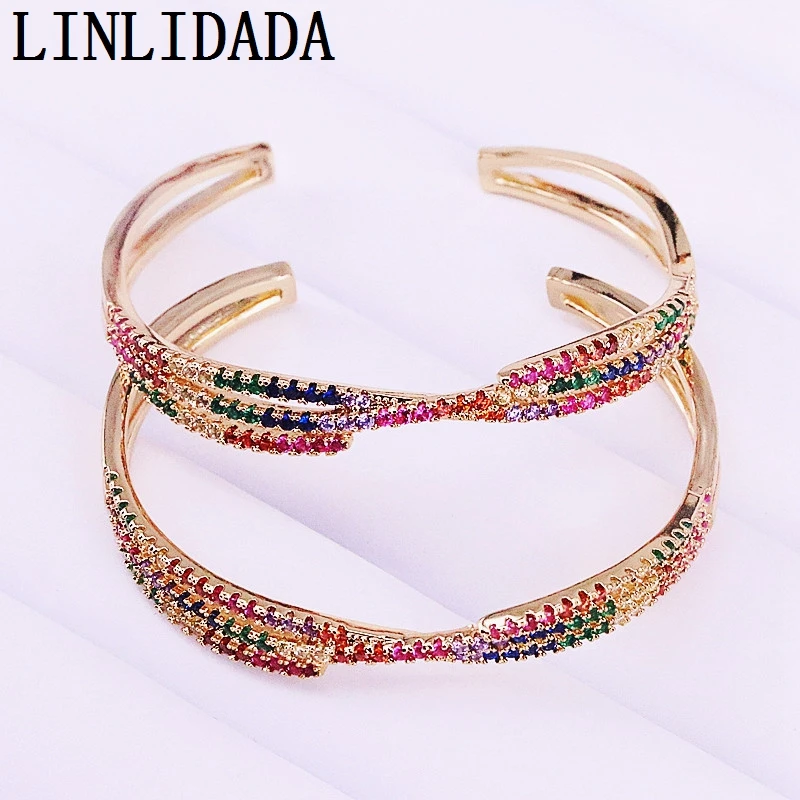 

4Pcs 2019 Latest Nice Rainbow Colorful cubic zirconia Cuff bangle bracelets For Women girl gift Adjustable