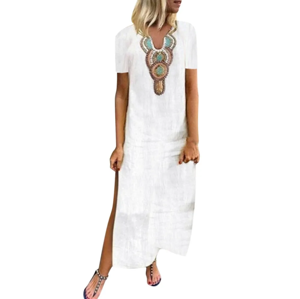 Women Dresses Sexy Women Polyester Print Deep V-neck Side Slit Summer Dress Bohemian Female Maxi Dress Vintage Vestidos 40H