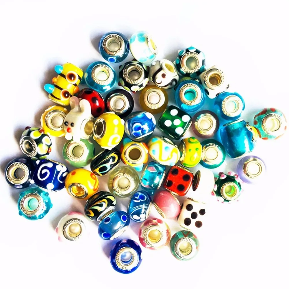 50pcs/pack DIY Round Square Big Hole Glass Bead Colorful With Wave Circle Ripple Point Pattern Jewelry Accessories For Bracelet | Украшения