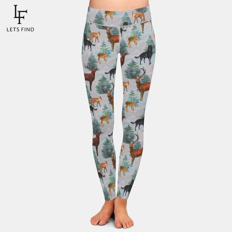 LETSFIND New Design Women Elastic Leggings High Waist 3D Animals Milu Deer&fox&dog Print Milk Silk Trousers Movement Leggings