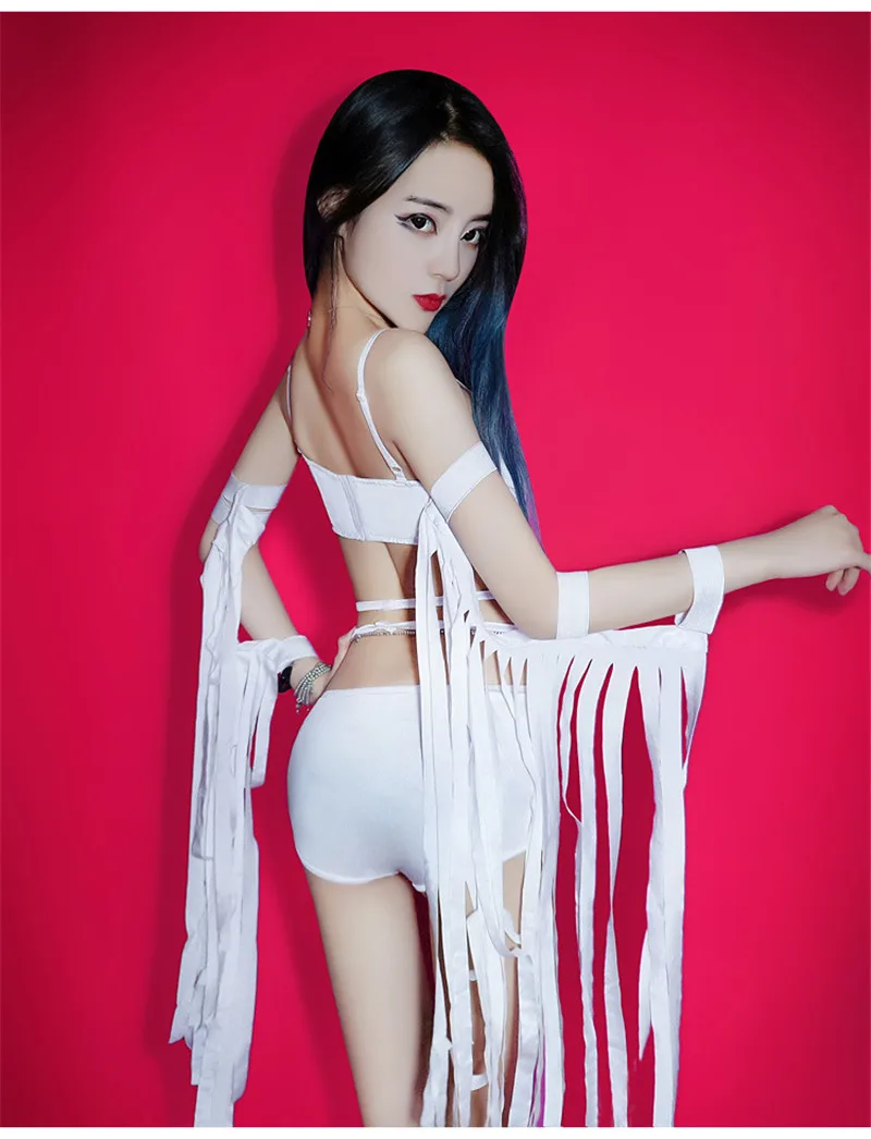 Белая обувь с бахромой танцевальный костюм боди Для женщин для ночного клуба