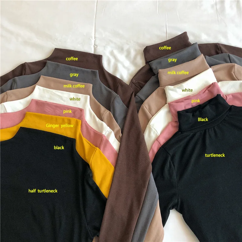 Базовые осенние женские футболки однотонные водолазки топы с длинными рукавами