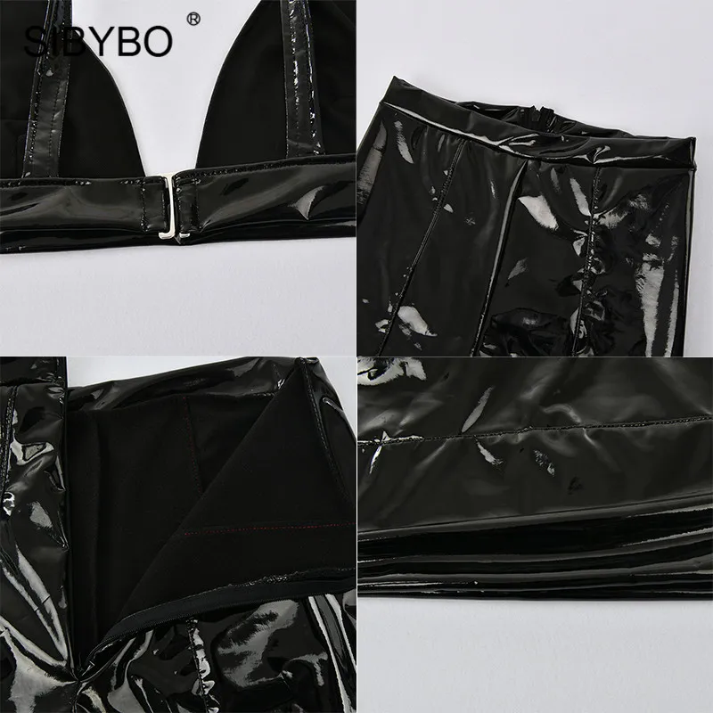 Sibybo с открытой спиной из искусственной кожи сексуальный укороченный топ и шорты Комплект без рукавов с v-образным вырезом Осень Женский комплект 2 шт. повседневный летний женский спортивный костюм
