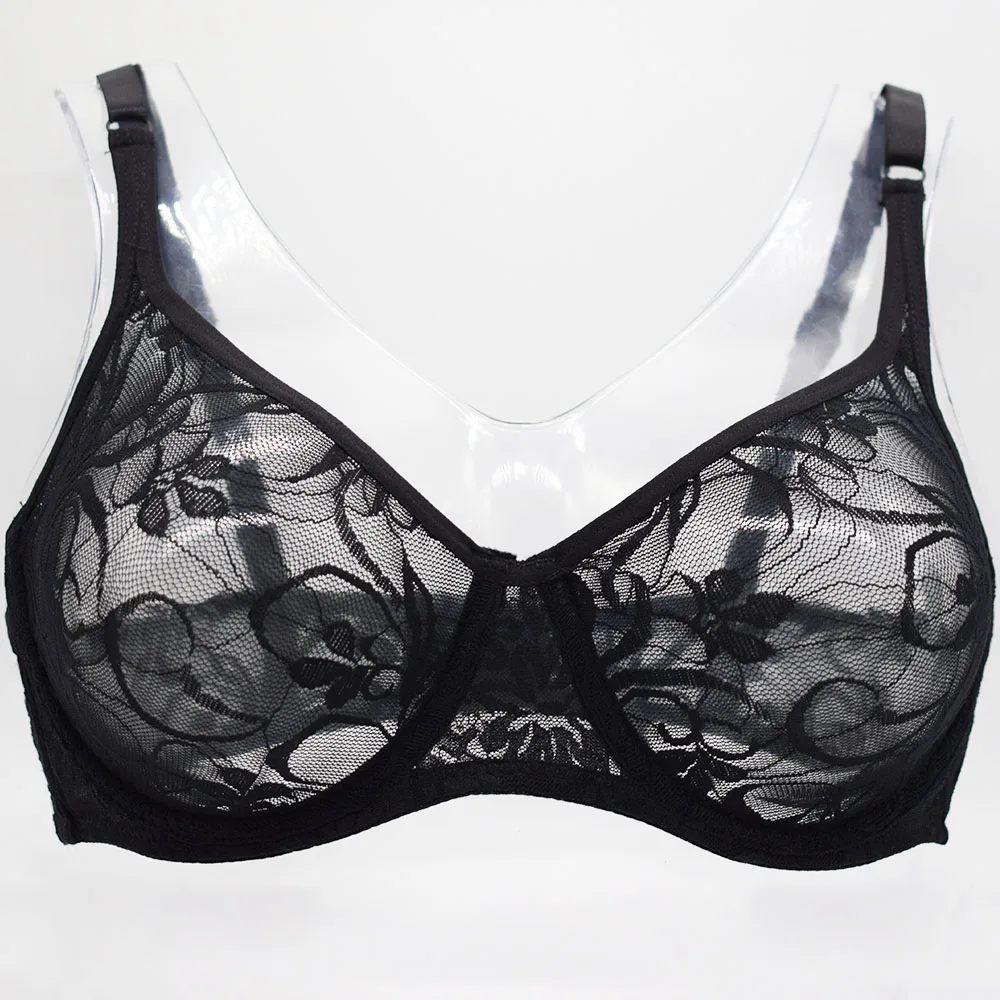 Plus Size Sexy Women Lace Sheer Embroidered Bralette - Unpadded Plunge See Through Bra, Sizes 32-52 A B C D Cup Lingerie image 2
