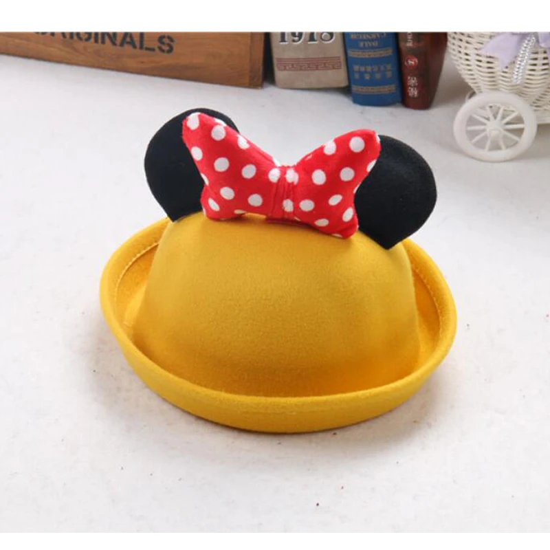 Мода Мультфильм Микки Шляпа Для Детей Бантом Шерстяного Войлока Fedora Шляпу Милый