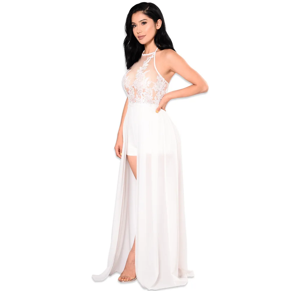 2017 летние Для женщин Комбинезоны для Белый Синий Холтер рукавов сетки кружева