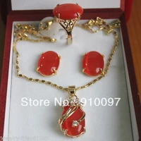 free shipping new red opal inlay crystal pendant natural stone necklace ring earring set