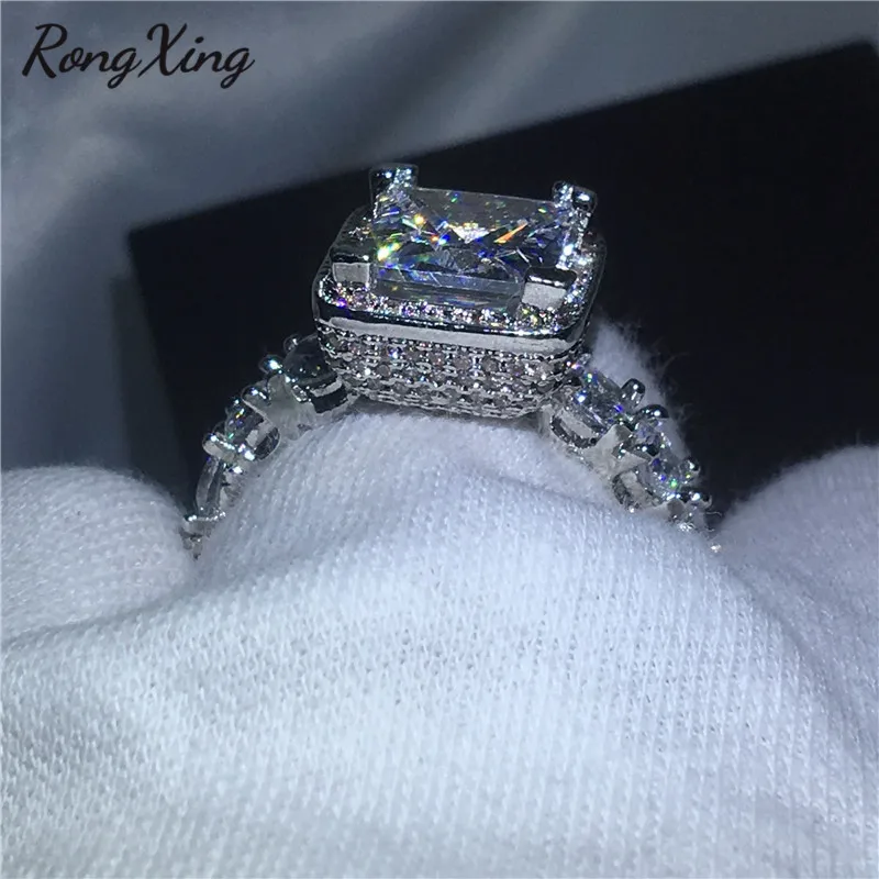 RongXing 925 Серебряное квадратное циркониевое обручальное кольцо Круглый Круг белый кристалл обручальные кольца для женщин CZ камень геометрические ювелирные изделия