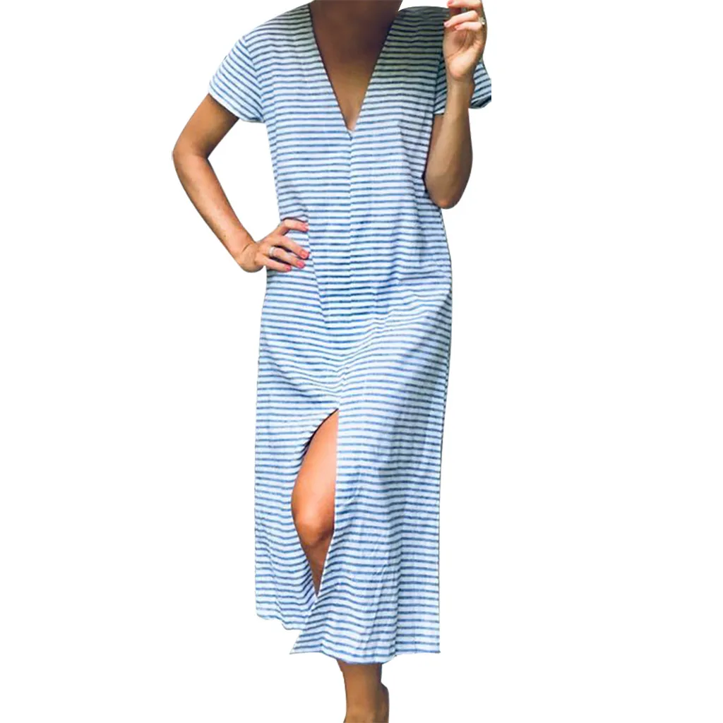 Летнее женское длинное модное платье с v-образным вырезом и коротким рукавом