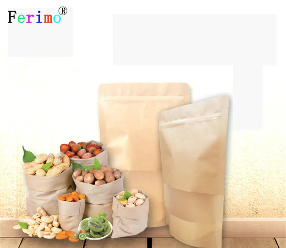 

100pcs 20x30cm Brown Gift Kraft Paper Bag Zip Lock Food Snack Tea Bag Packing Retail Craft Paper Bag Food With Window Wholesale