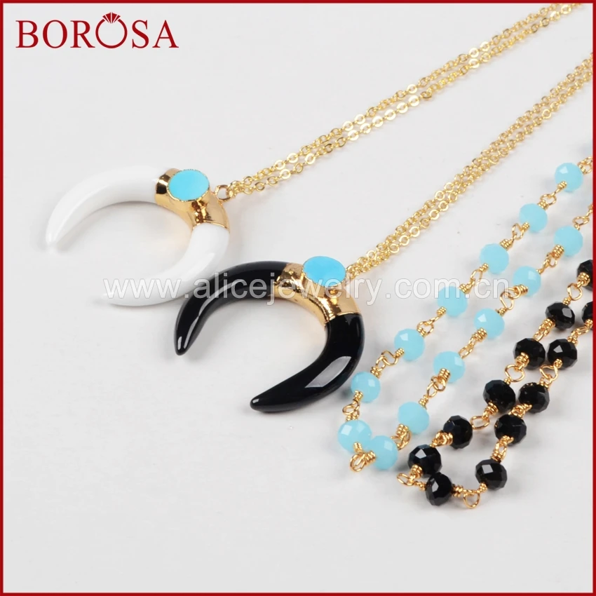 BOROSA Золотой цвет Черный кристаллический друзи Полумесяц Двойной рог Подвеска с природным камнем, выложенным бусинной цепочкой G0955.