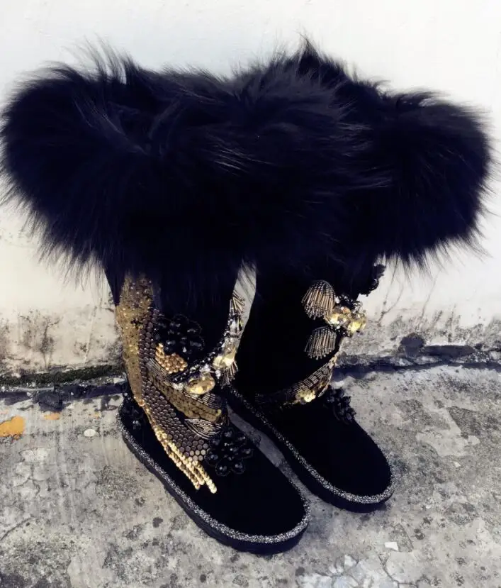 

Original European station oversized fox fur heavy work beads piece rhinestone leather over the knee high tube snow boots