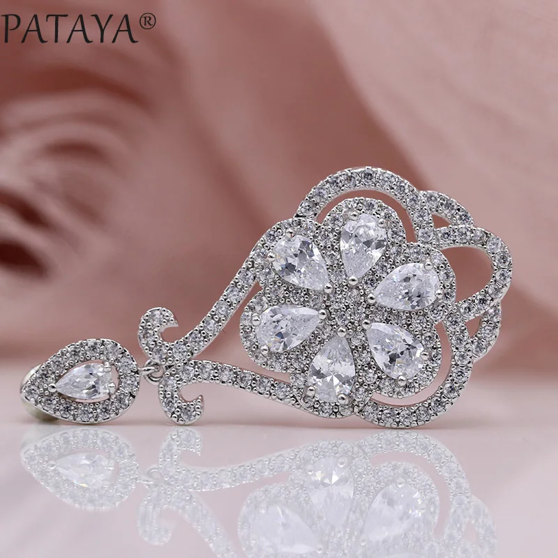 PATAYA, новые длинные серьги-гвоздики с лепестками, белое золото, микро воск, инкрустация, капля воды, натуральный циркон, женские свадебные Роскошные Изящные милые ювелирные изделия