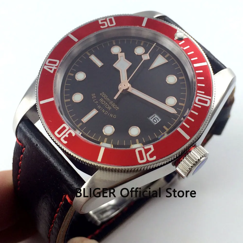 41mm BLIGER Automatic men's watch black sterile dial sapphire glass red bezel 20ATM 21 jewels MIYOTA movement BC16 | Наручные часы