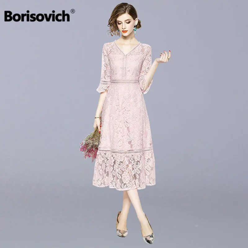 Borisovich роскошное кружевное женское элегантное вечернее платье новинка Весенняя мода с v-образным вырезом и расклешенными рукавами Женские повседневные длинные платья N644