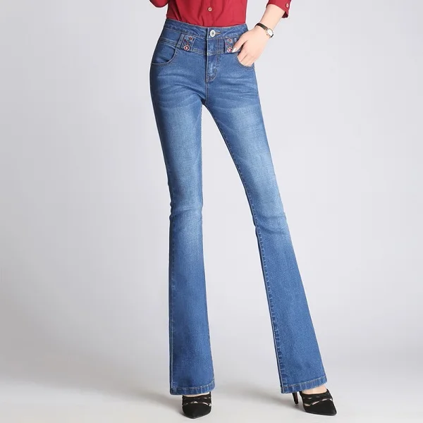 Небесно-голубой New Women Flared Jeans High Waist Elegant Retro Style Bell Bottom Skinny Denim Pants Female Sexy Casual Wide Leg Jeans - Цвет: Небесно-голубой