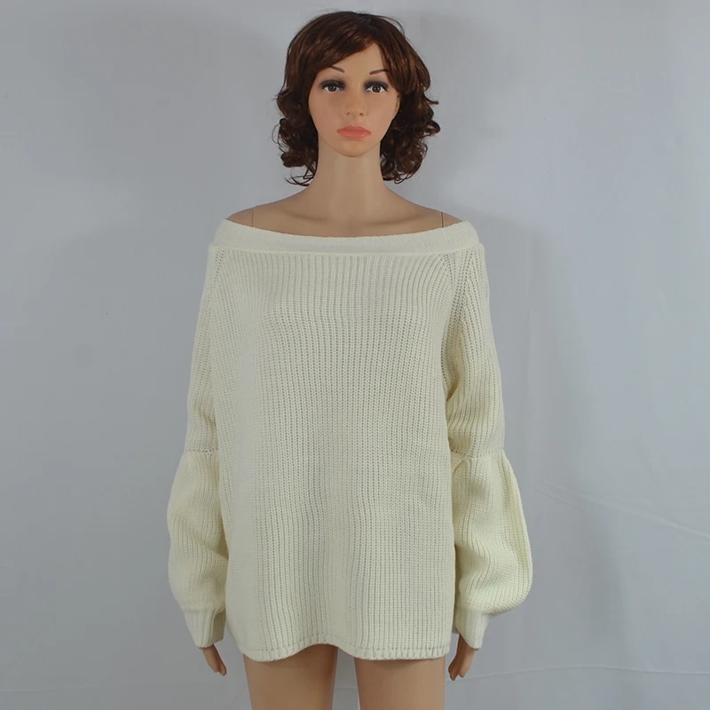 Gold Hands Autumn Winter Female Street Wear Slash Neck Knitted Solid Sweater Lantern Sleeves Pullover Free Shipping | Женская одежда