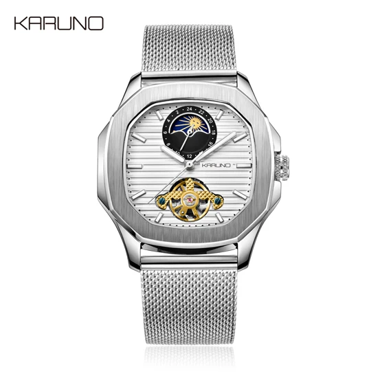 silver white MCE Мужские механические часы для мужчин модные автоматические часы мужские Moon Phase квадратные кожаные часы наручные часы с турбийоном - Цвет: silver white