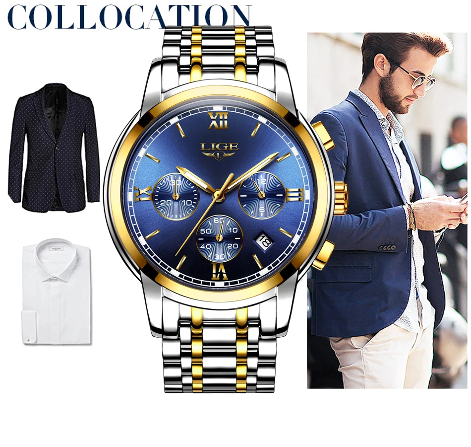 Мужские часы Montre Homme, люксовый бренд, LIGE, хронограф, мужские спортивные часы, водонепроницаемые, полностью стальные, кварцевые, мужские часы, Relogio Masculino