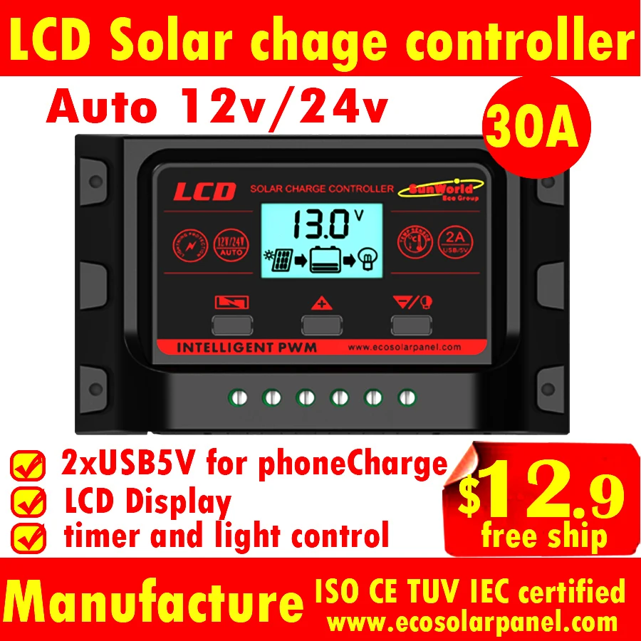 10A 20A 30A ЖК дисплей заряда controllers 12 В/24 В авто для аккумулятор солнечные панели