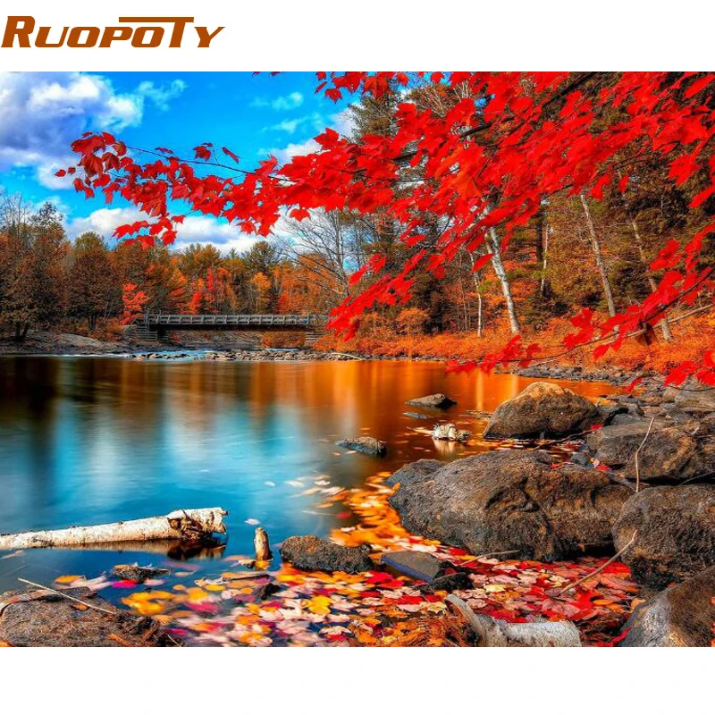RUOPOTY красный лес DIY Краска по номерам современный домашний настенный арт Акриловая Краска на холсте Ручная Краска ed масляная краска для домашнего декора