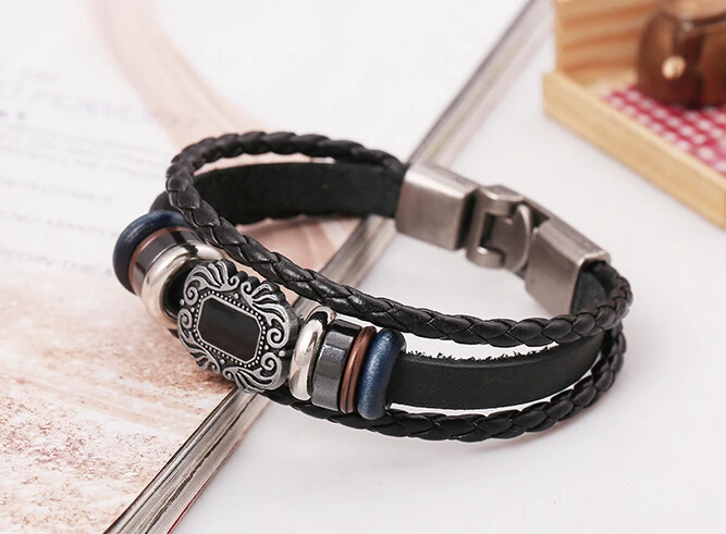 Punk Black Leather Charm Bracelets Vintage Anime Weave Beads Men's Iron Buckle Fashion Jewelry Bangles E18 |
