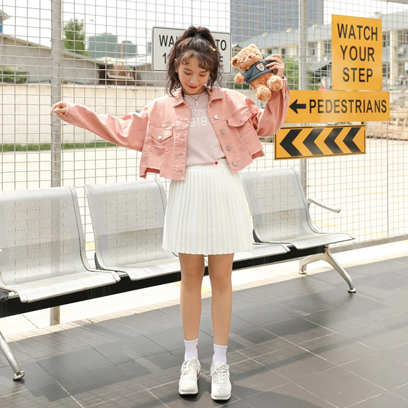 2019 женская розовая джинсовая куртка с асимметричным подолом Весенняя для женщин