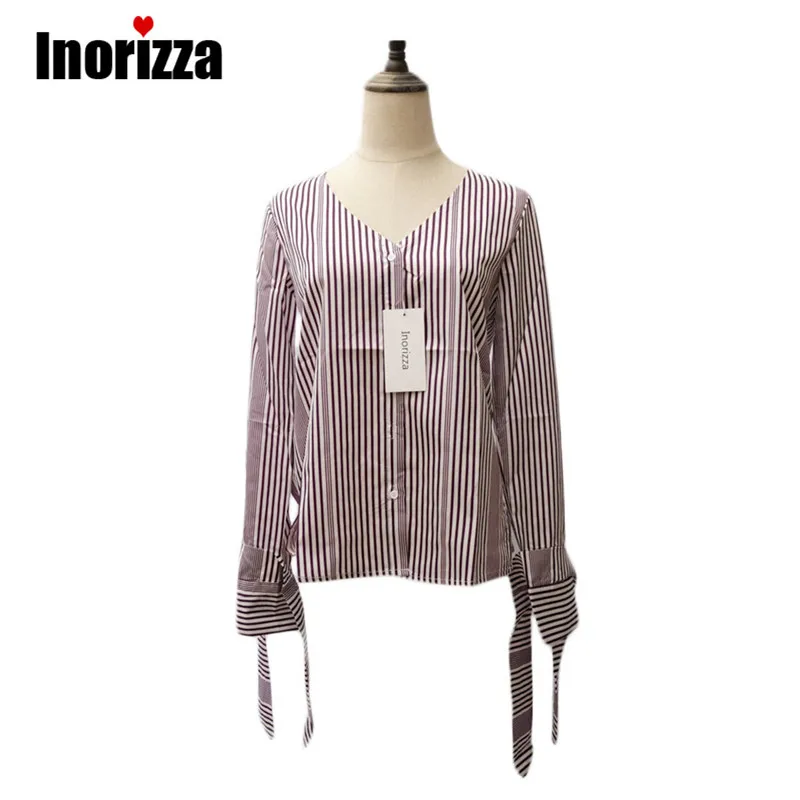 women Spring casual V neck shirt striped loose bow tie long sleeve blouse ladies tops blusas |