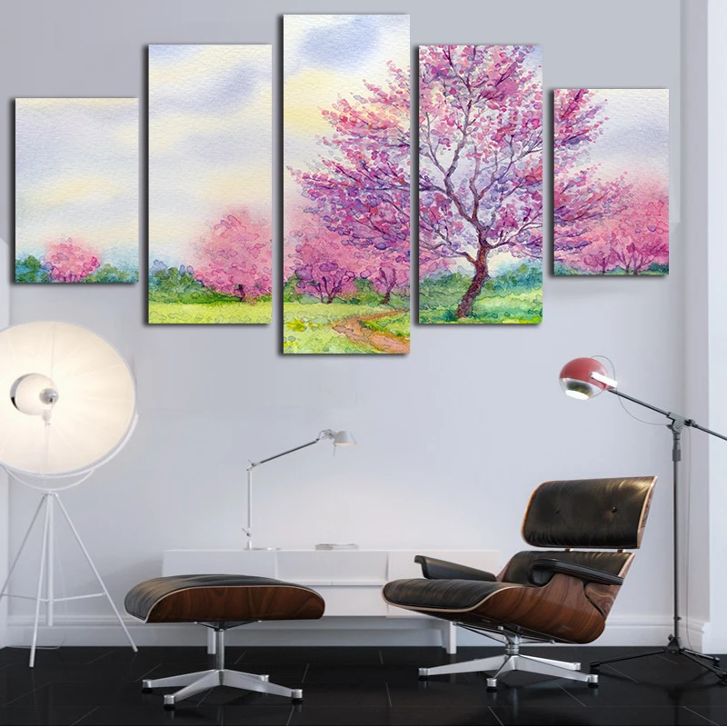 Холст HD печать плакатов Wall Art 5 шт. Абстрактная живопись розовый Вишня в цвету