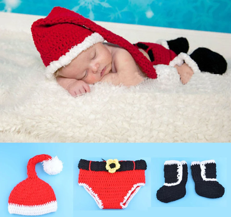 Moeble Newborn BABY Crochet Santa Clause Photography Props Three Piece Set for babies Knitted Infant Boy Photo | Детская одежда и