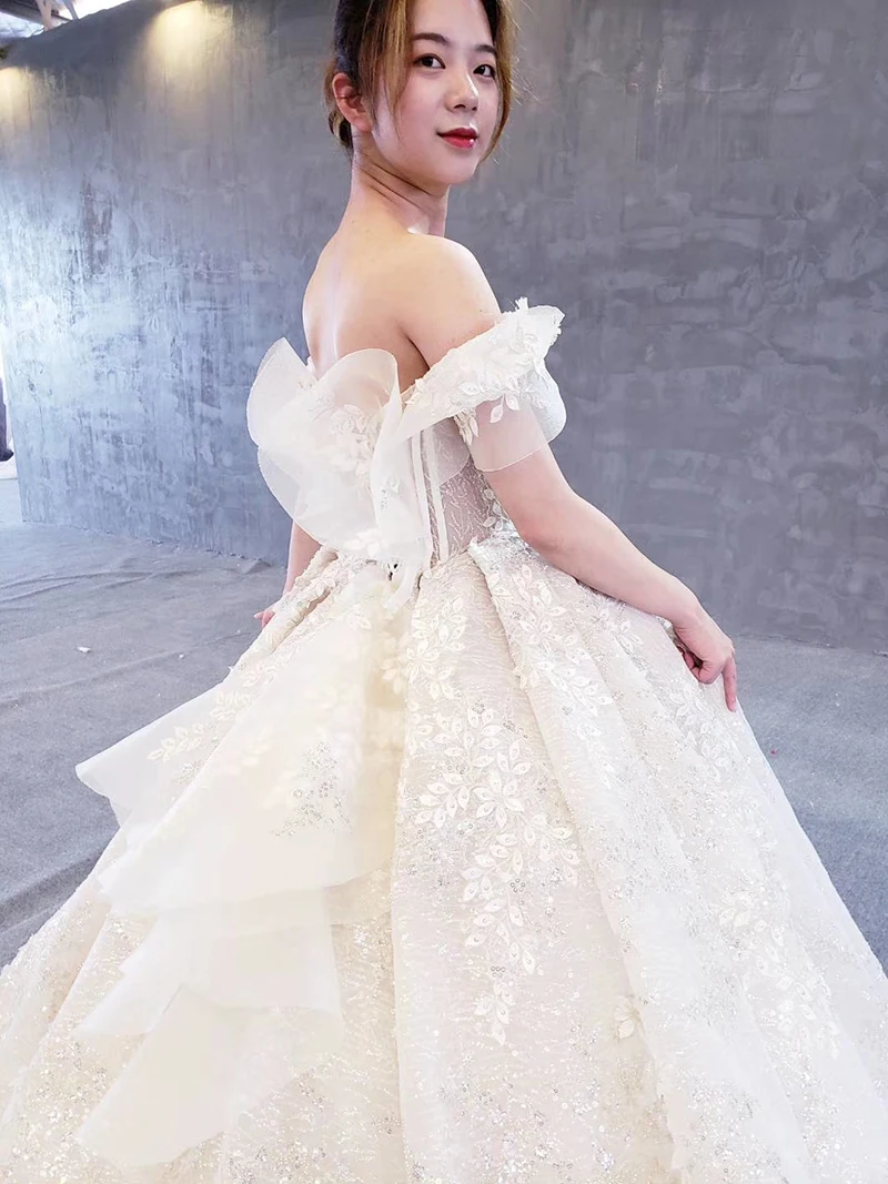 HTL510 off shoulder wedding dress shiny sweetheart appliques bridal gowns with train vestido de noiva princesa com brilho