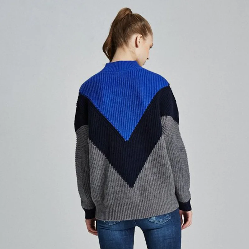 Винтаж осень Для женщин негабаритных Свитеры для Лоскутная Цвет Block Crew Пуловеры