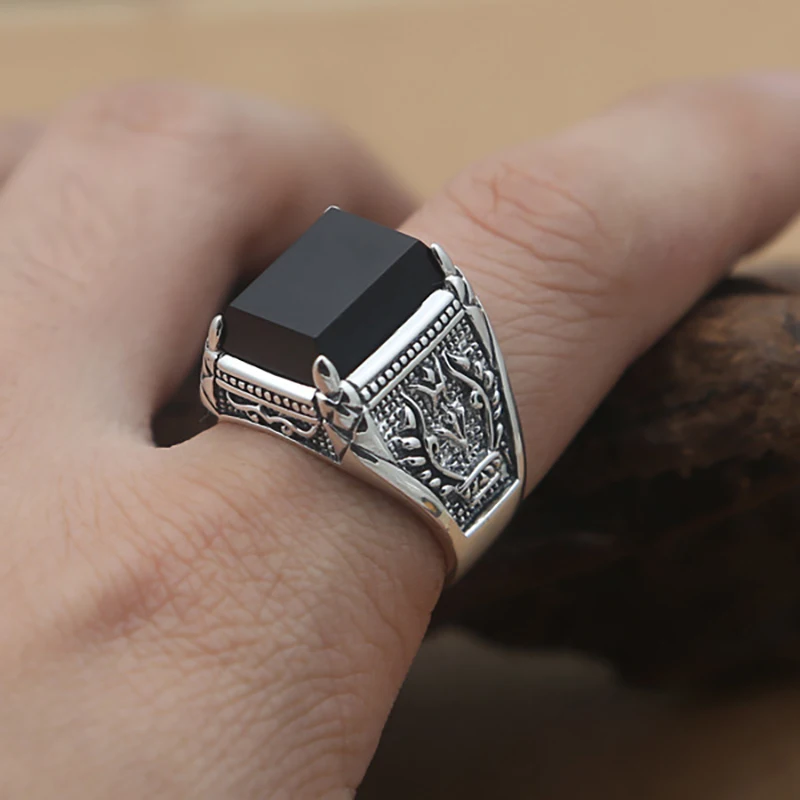 BALMORA Real 925 Серебряное кольцо с черным фианитом для мужчин и женщин Выгравированный цветок Мужская мода Стерлинговое тайское серебро ювелирные изделия синтетический оникс