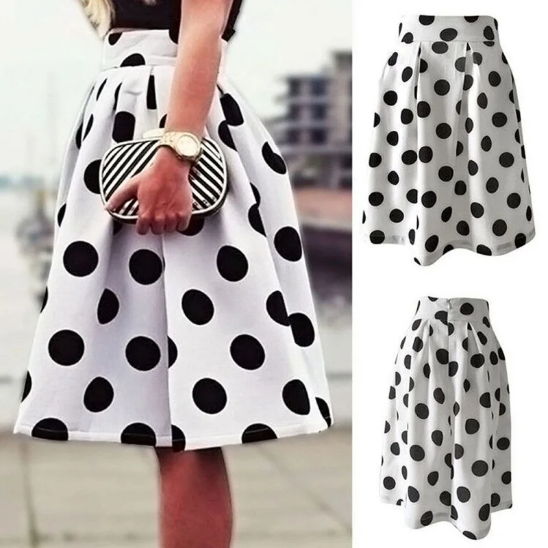

Retro Wave Point Print Pleated Skirt Womens Spring Summer Casual High Waist Half-Length A-Line Midi Skirts For Women