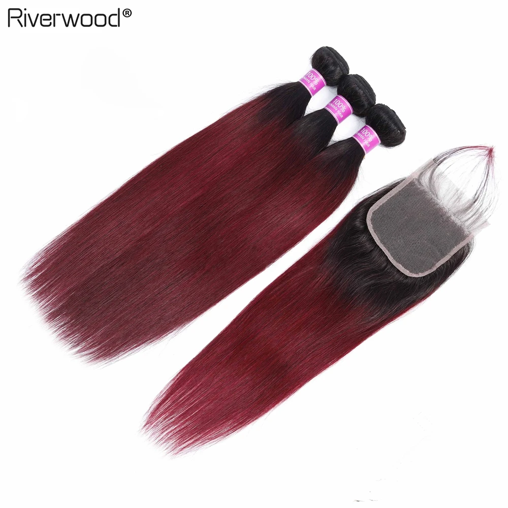 Речное дерево бразильские прямые волосы пряди с закрытием T1B/99j Омбре 100 Remy